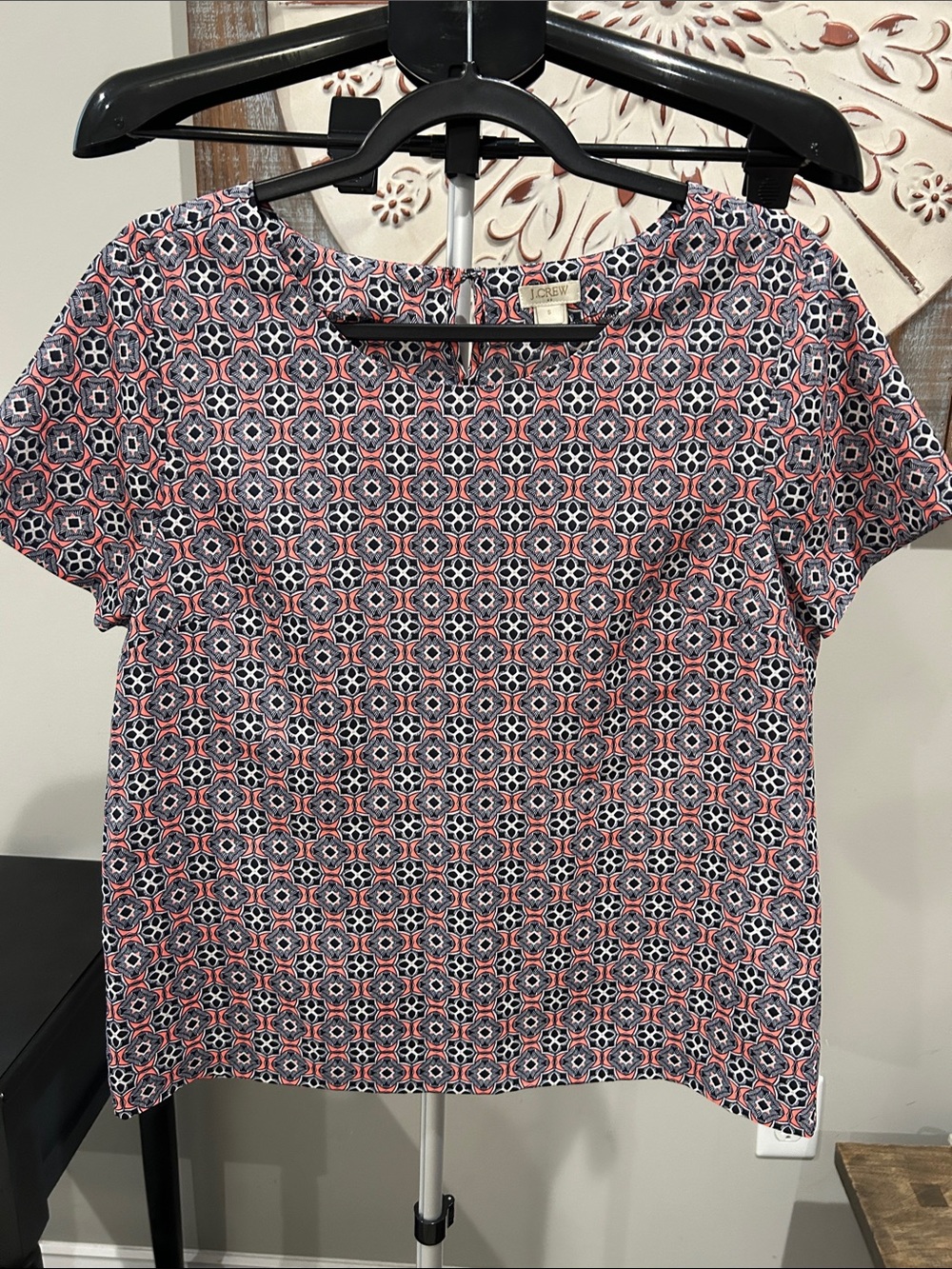 J. Crew Geometric Short Sleeve Top in Pink and Navy Size Small